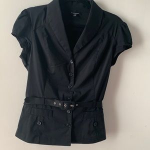 le chateau Black Short Sleeve Button-Up Blouse with Belt